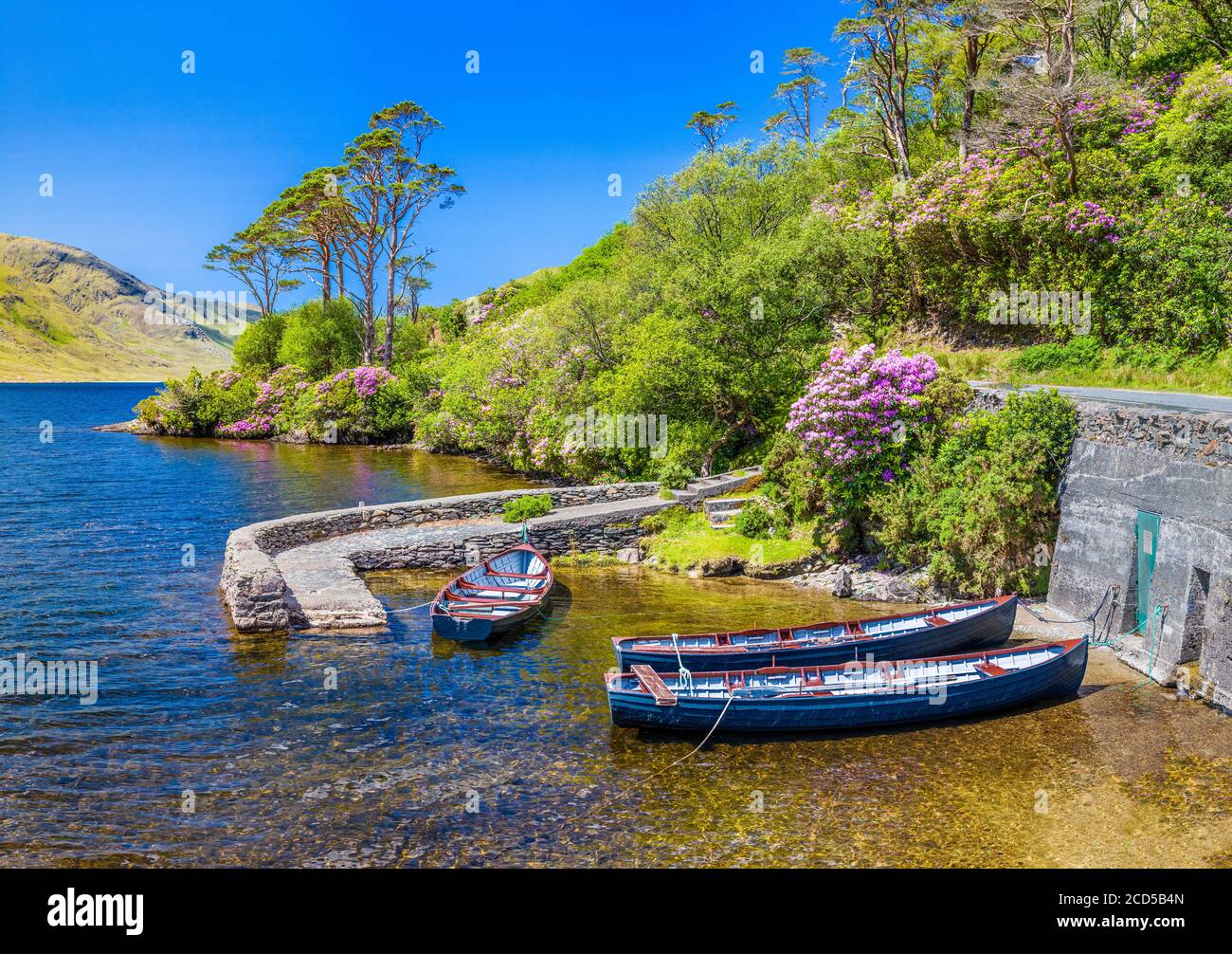 Kleine Boote, die am Flussufer, Westirland, festgemacht sind Stockfoto