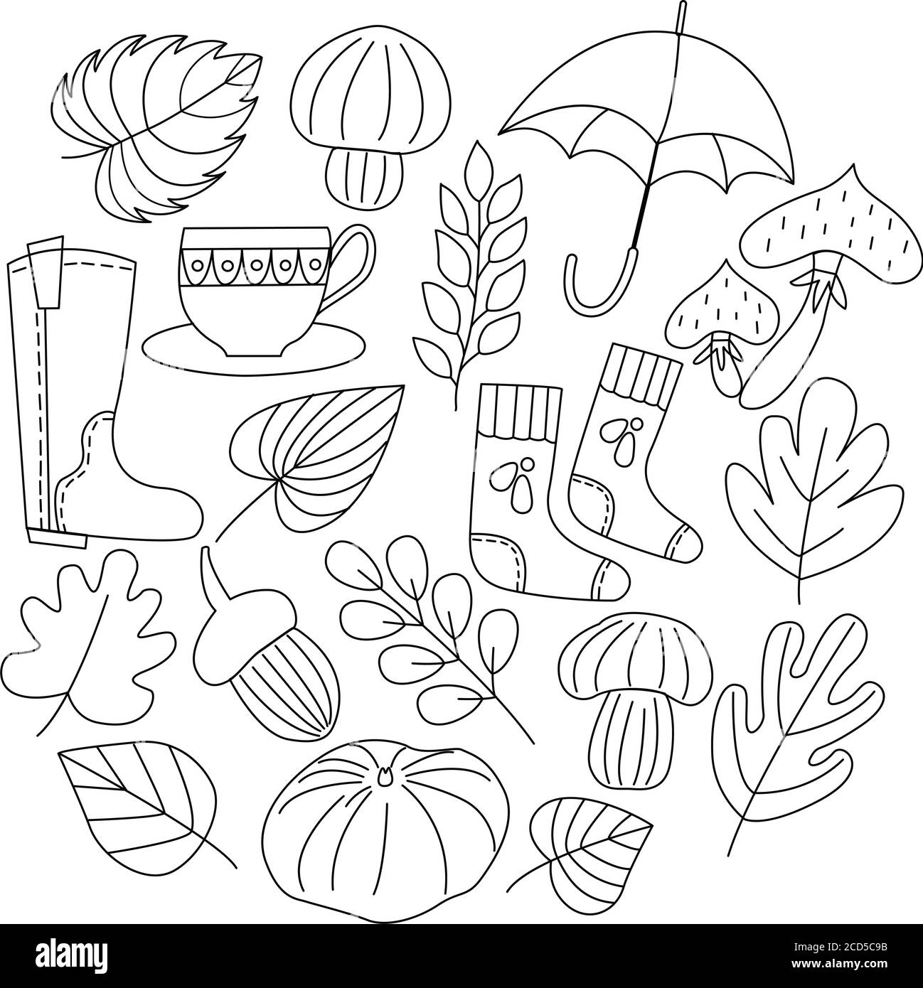 Set aus Herbstblättern, Pilzen, Regenschirm, Socken und Stiefeln. Vektorgrafiken auf weißem Hintergrund für die Gestaltung von Karten, Drucke auf Kissen, Pakete Stock Vektor