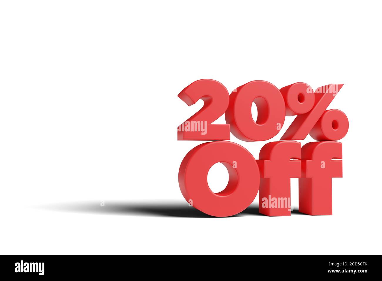 Text '20 % Rabatt' in 3 Dimensionen auf weißem Hintergrund. 3d-Illustration. Stockfoto