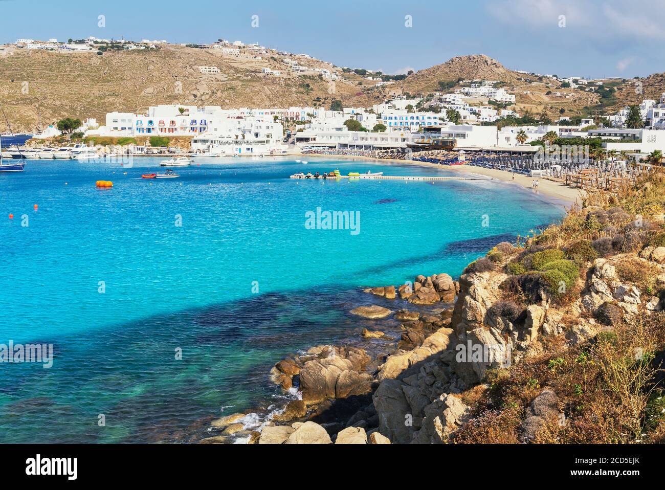 Platis Gialos Strand, Mykonos, Kykladen Inseln, Griechenland Stockfoto