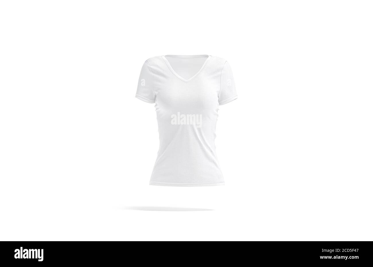 Weiße Frauen T-Shirt mit V-Ausschnitt im Modell, Vorderansicht Stockfoto