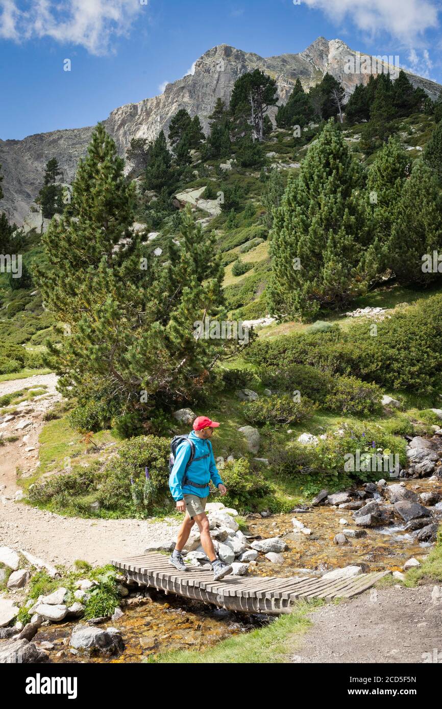Wanderer über den Fluss Ter. Naturpark Capçaleres del Ter i del Freser. Katalonien. Spanien. Stockfoto