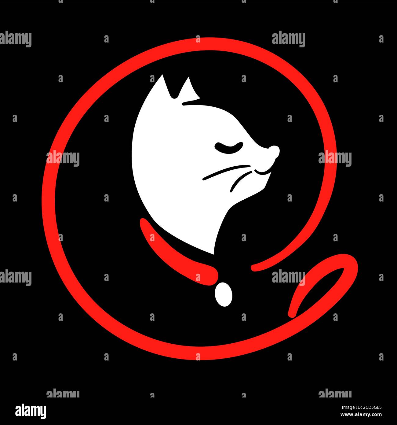 CAT Walking Service Logo in Linie Stil auf rund von Leine. Happy Kitty Training Icon auf schwarz. Fuß Haustier Symbol in schwarz rot Vektor Umriss Illustration. Einfache Cartoon Tier-Logo. Stock Vektor