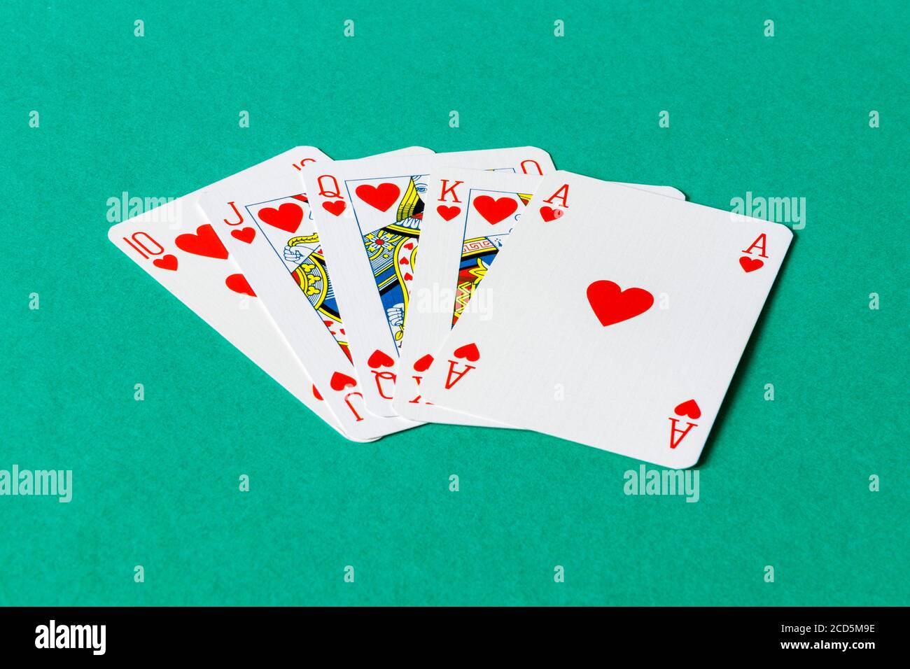 Ein Royal Flush, ein Straight Flush auf das Ass, die höchste Hand im Poker Stockfoto