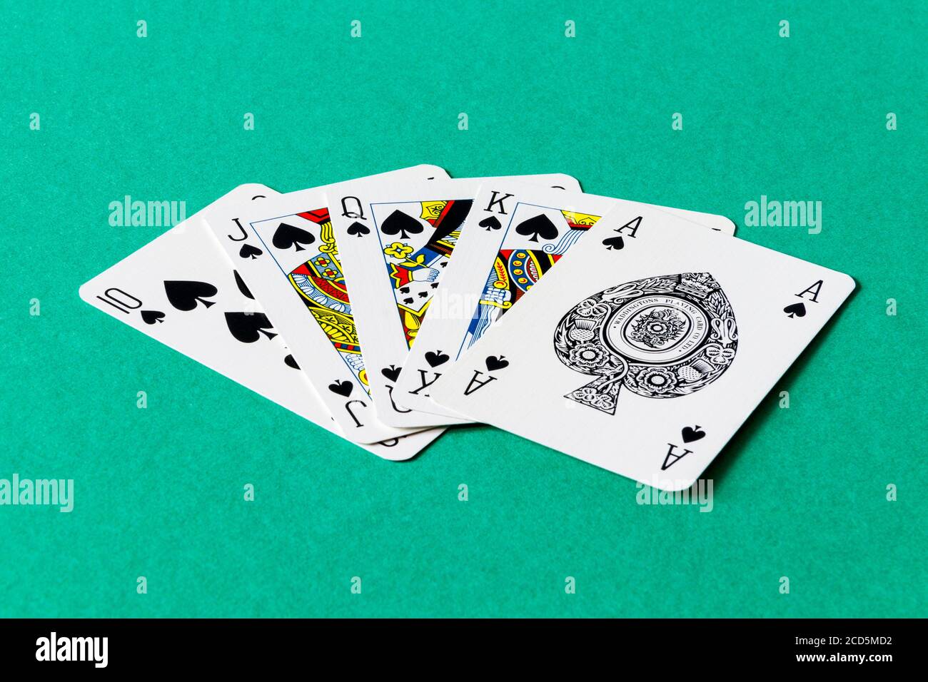 Ein Royal Flush, ein Straight Flush auf das Ass, die höchste Hand im Poker Stockfoto