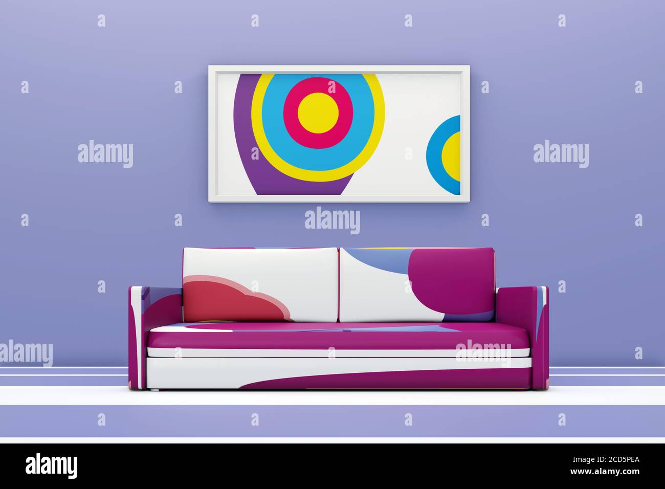 Abstraktes minimalistisches Wohnzimmer mit Sofa und großem Rahmen mit farbenfrohem Bild. 3D-Illustration Stockfoto