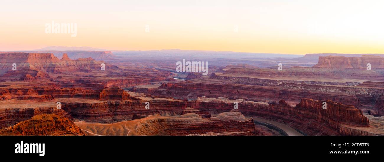 Deadhorse Point State Park mit Blick auf den Canyonlands National Park bei Sonnenuntergang, Moab, Utah, USA Stockfoto