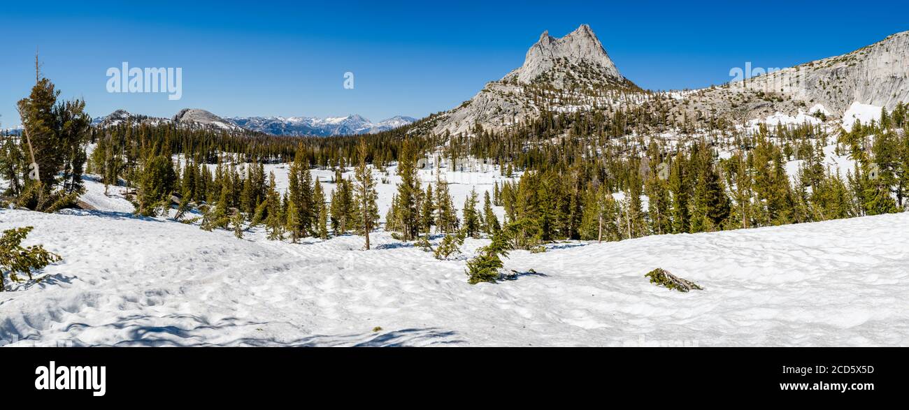 Cathedral Peak im Yosemite Nationalpark im Winter, John Muir Trail, Kalifornien, USA Stockfoto