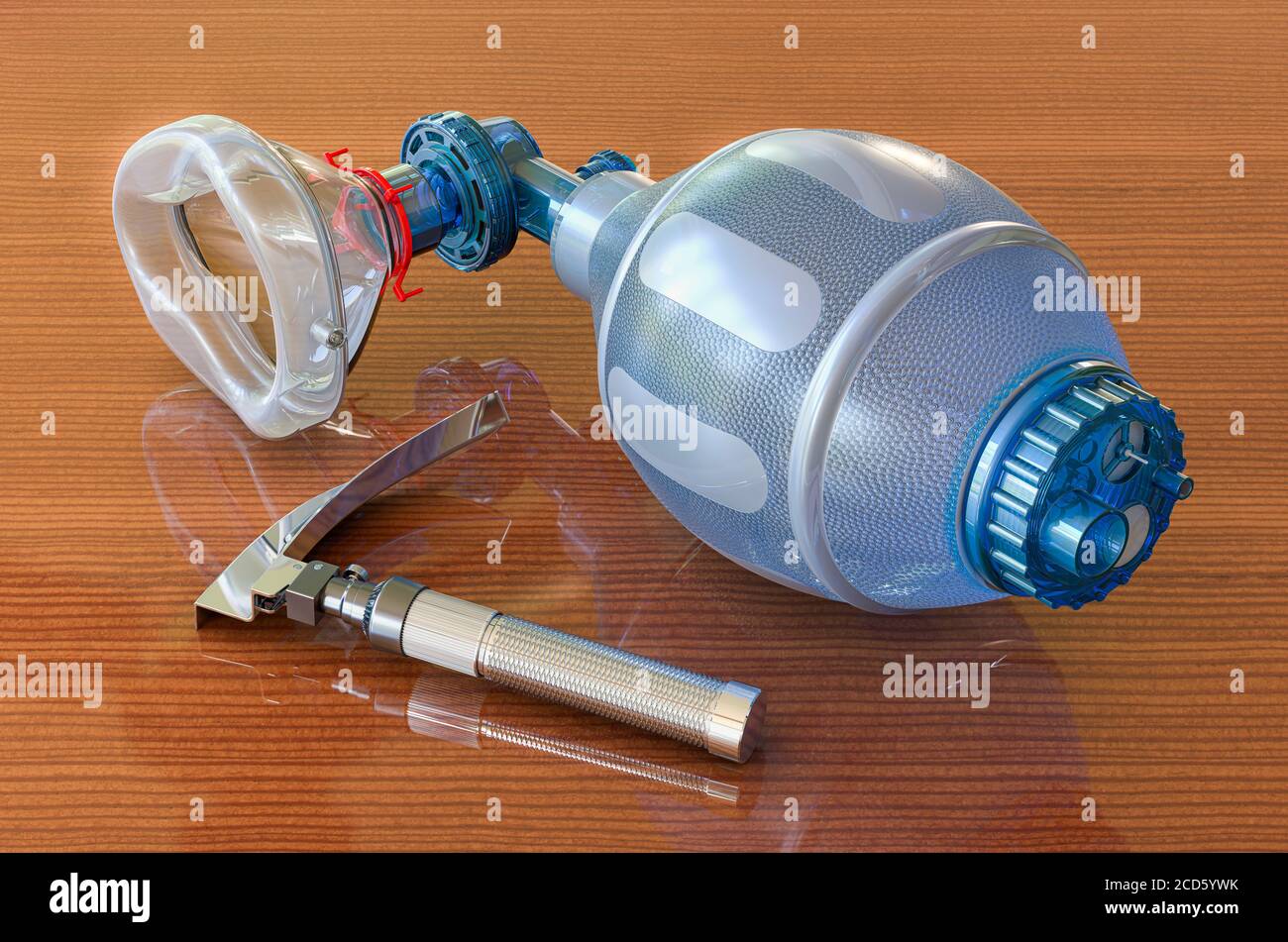 Laryngoskop und Ambu Bag zur Beatmung Reanimation auf Holztisch, 3D-Rendering Stockfoto