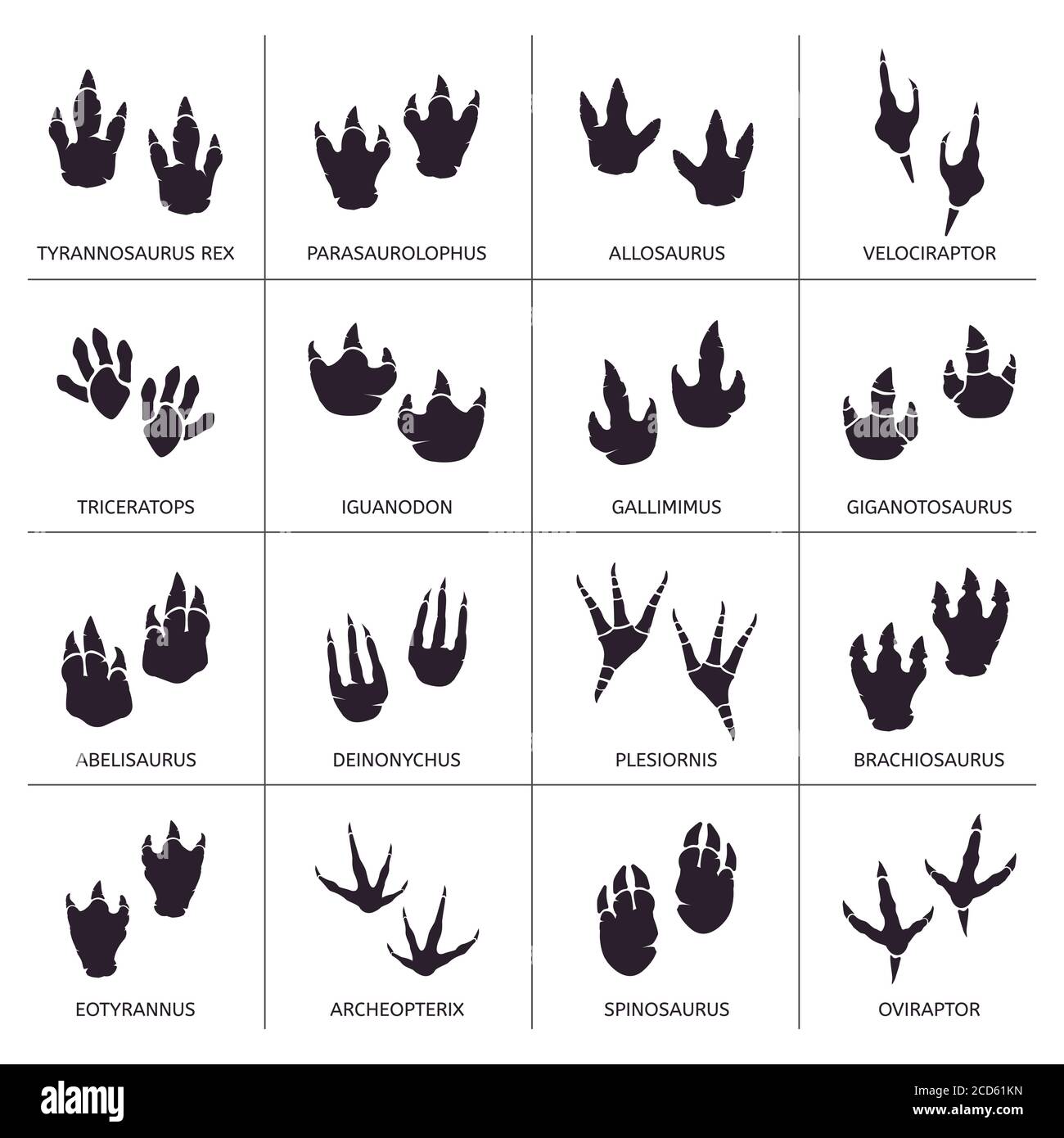 Dinosaurier-Fußabdruck. Reptile Fußanatomie, alte Raubtiere Fußspuren, Paläontologie Dino Spuren Vektor Illustration Symbole gesetzt Stock Vektor Dinosaurier-Fußabdruck. Reptile Fußanatomie, alte Raubtiere Fußspuren, Paläontologie Dino Spuren Vektor Illustration Symbole gesetzt Stock Vektor