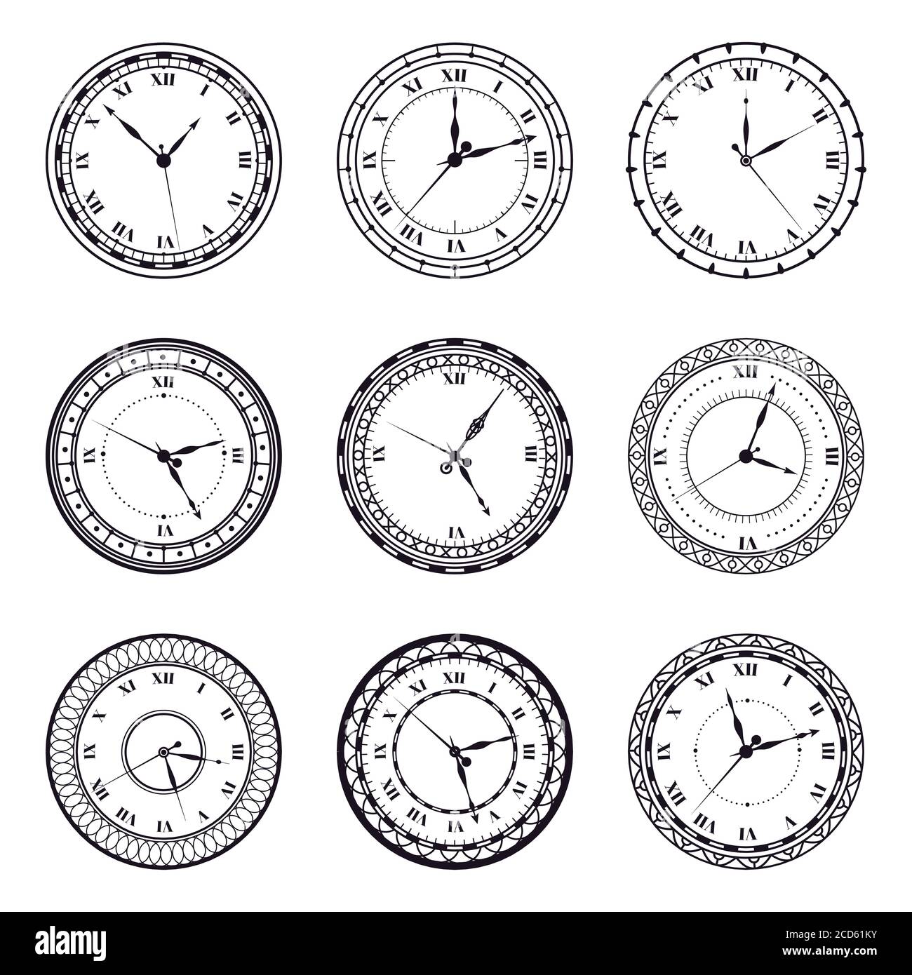 Uraltes Ziffernblatt. Vintage antike Uhren, antik 12 Stunden rund um die Uhr, römische Ziffern Timer Uhr Vektor Illustration Symbole gesetzt Stock Vektor