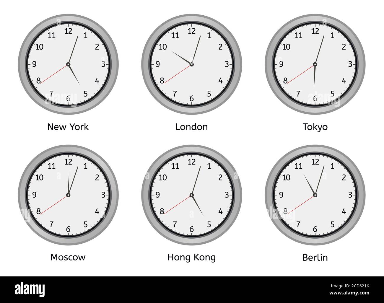 Zeitzonenuhren. Moderne Wand rund Uhr Gesicht, Zeitzonen Tag-und Nachtuhr,  Welt große Städte Zeitunterschied Vektor-Illustration gesetzt  Stock-Vektorgrafik - Alamy