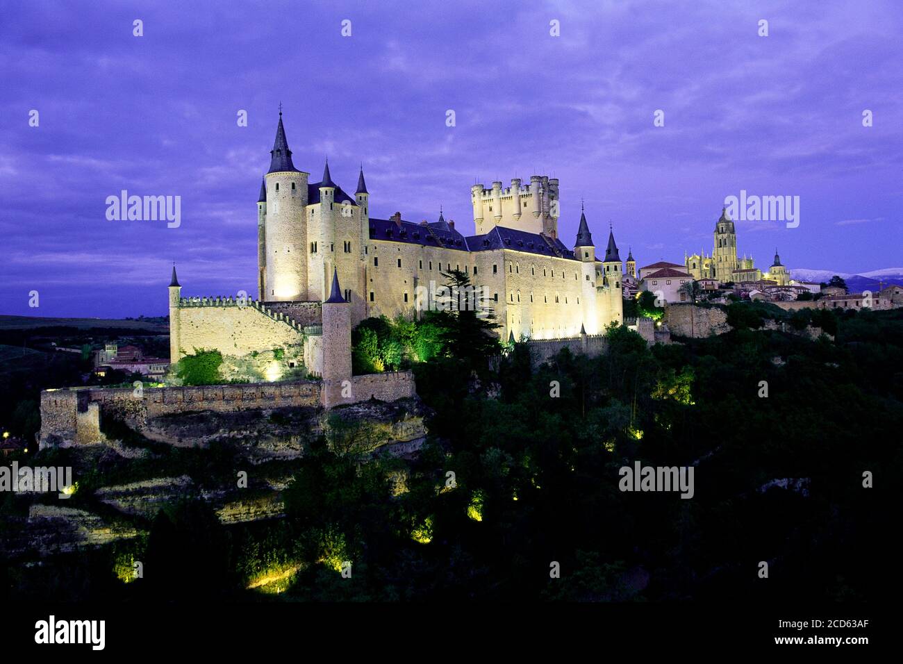 Alcazar Burg bei Nacht, Segovia, Kastilien und Leon, Spanien Stockfoto