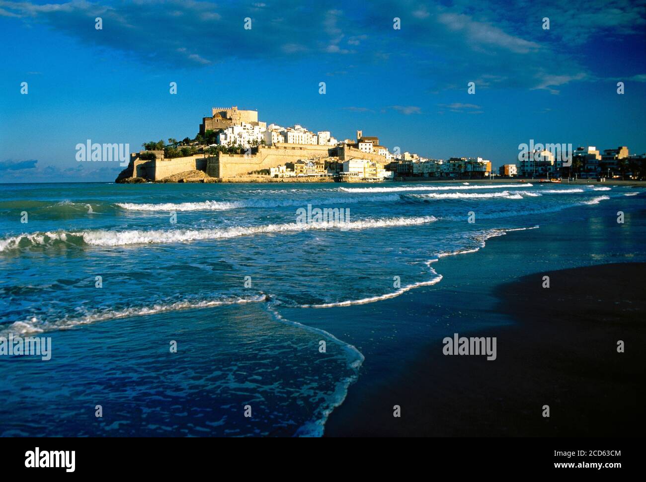 Peniscola Schloss und Strand, Peniscola, Valencia, Spanien Stockfoto