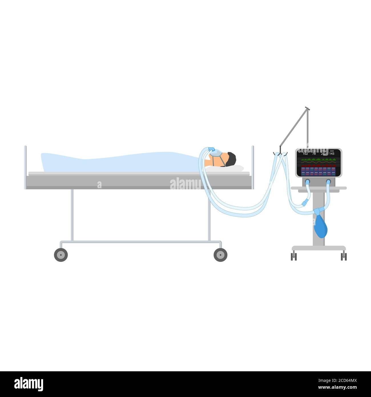 Ein Mann, der mit CPAP auf dem Bett liegt. Das Gerät für die künstliche Beatmung der Lunge. Schlafende Apnoe. Isolierter Vektor. Stockfoto