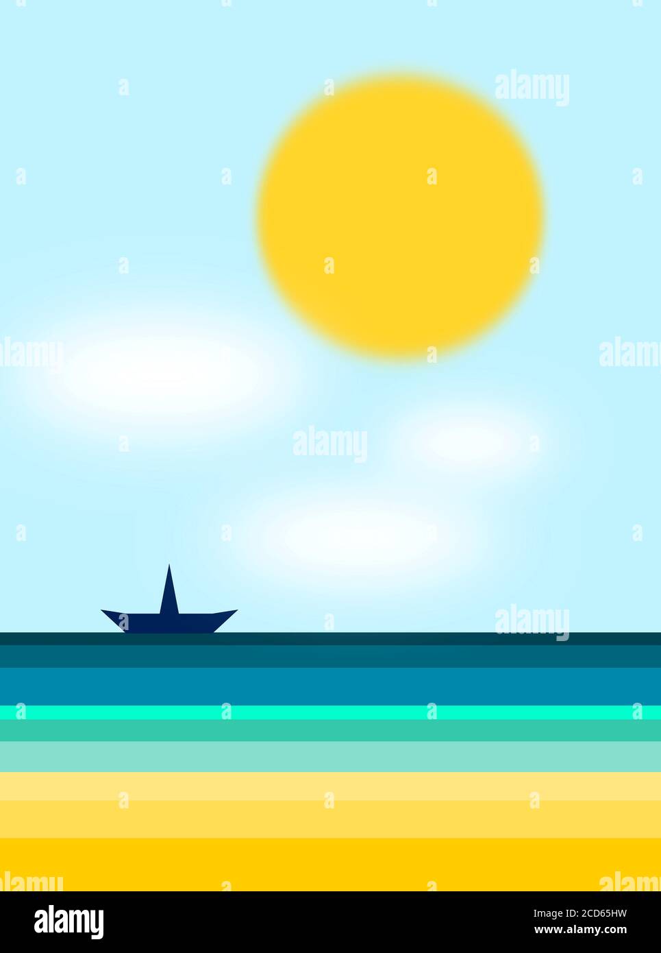 Abbildung „Seascape“. Digitale Wandkunst. Sonne, Himmel, Sand, Meer und Schiff Illustration. Minimalistische Wandkunst. Digitale Malerei. Abstrakte Kunst Stockfoto