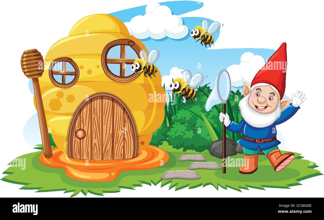 Gnome Und Wabenhaus Im Garten Cartoon Stil Auf Himmel Hintergrund Illustration Stock Vektorgrafik Alamy