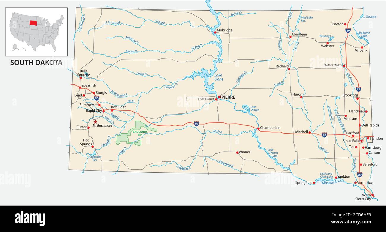 Straßenkarte des US-amerikanischen Staates South Dakota Stock Vektor