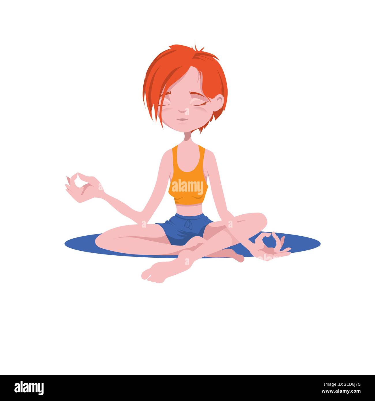 Cute Cartoon Figur Mädchen sitzen in Lotusposition und meditieren. Ein gesunder Lebensstil, eine gute Gewohnheit. Vektorgrafik Stock Vektor