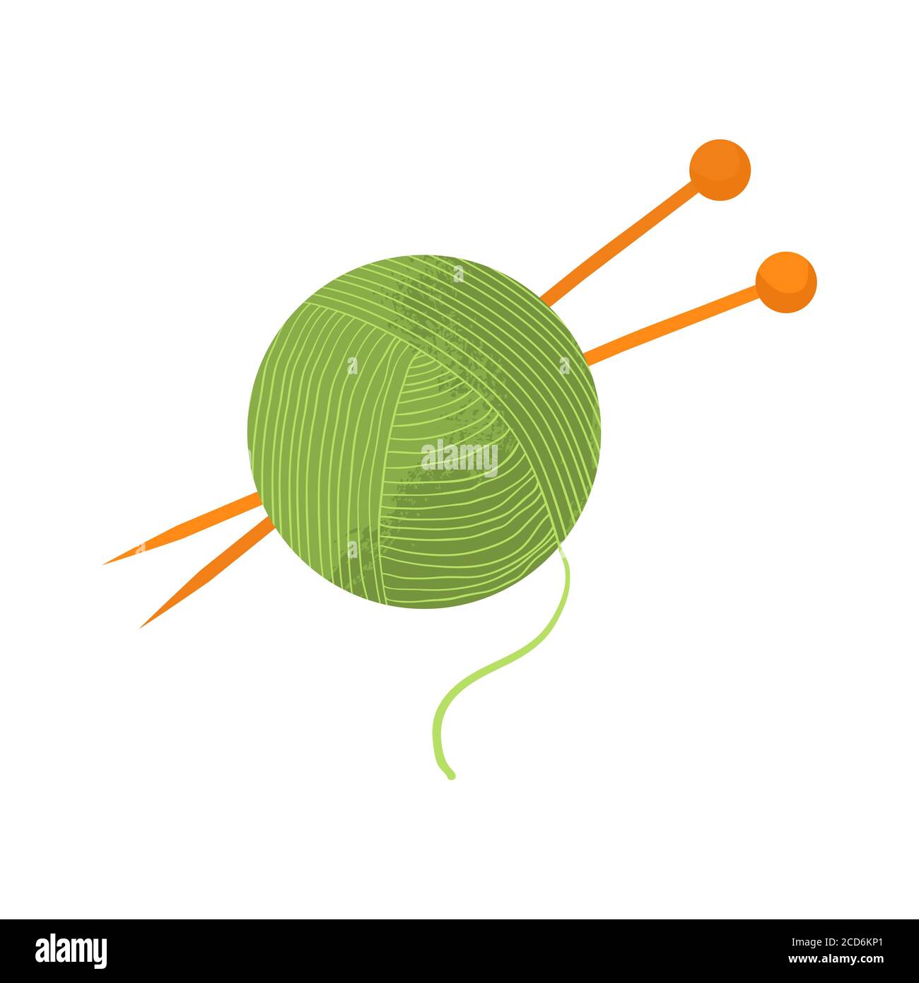 Ball aus grünem Garn mit orangefarbenen Stricknadeln. Vektorgrafik mit flachem Design und Textur, isoliert auf weißem Hintergrund. Cartoons-Stil. Stock Vektor