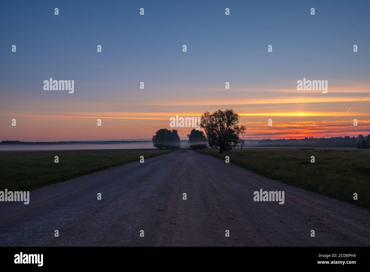 Unbefestigte Straße tief im Wald. Ein Sonnenuntergang. Stockfoto