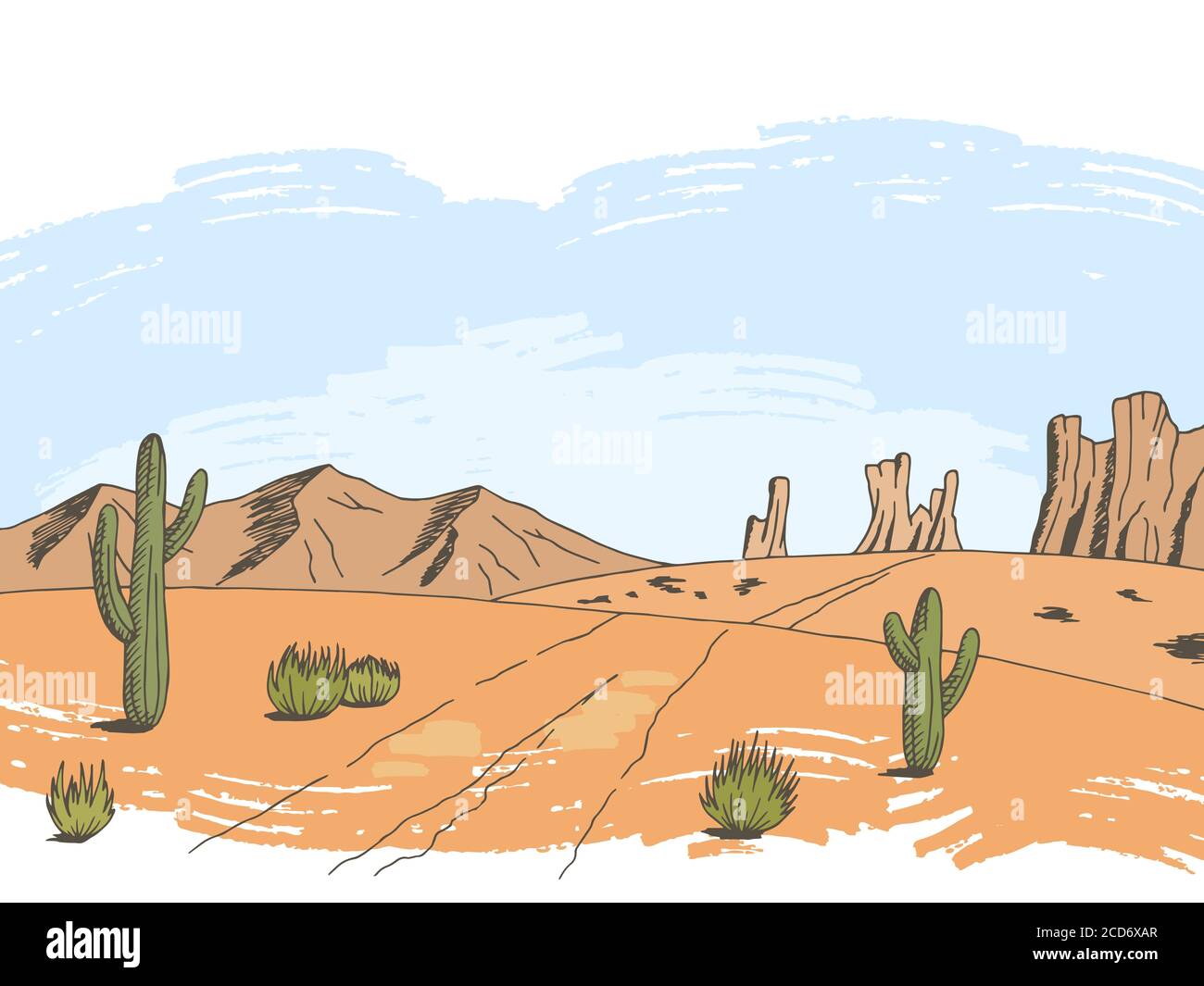 Prairie Straße Farbe Grafik amerikanische Wüste Skizze Landschaft Illustration Vektor Stock Vektor