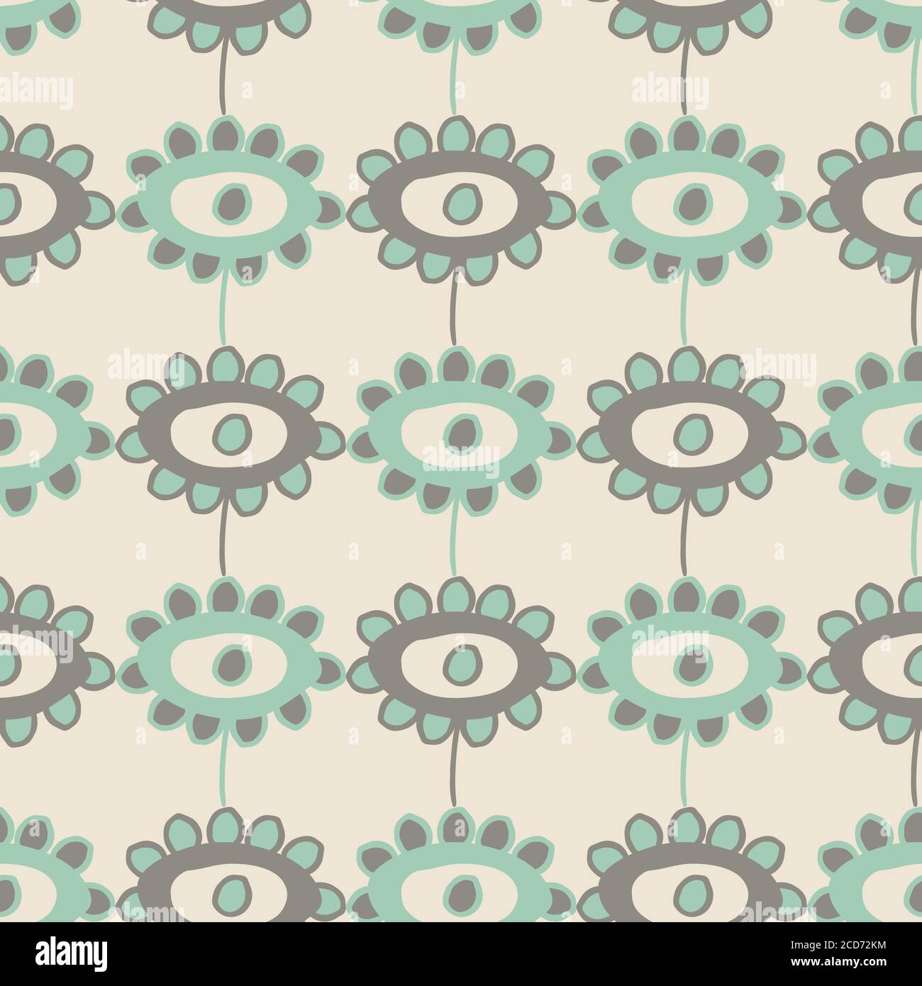 Vektor kindliche Zeichnung von Blumen nahtlose Muster Hintergrund. Neutraler Hintergrund mit malerischen Blumen in hellblauem und cremefarbenem Licht. Geometrisch Stock Vektor