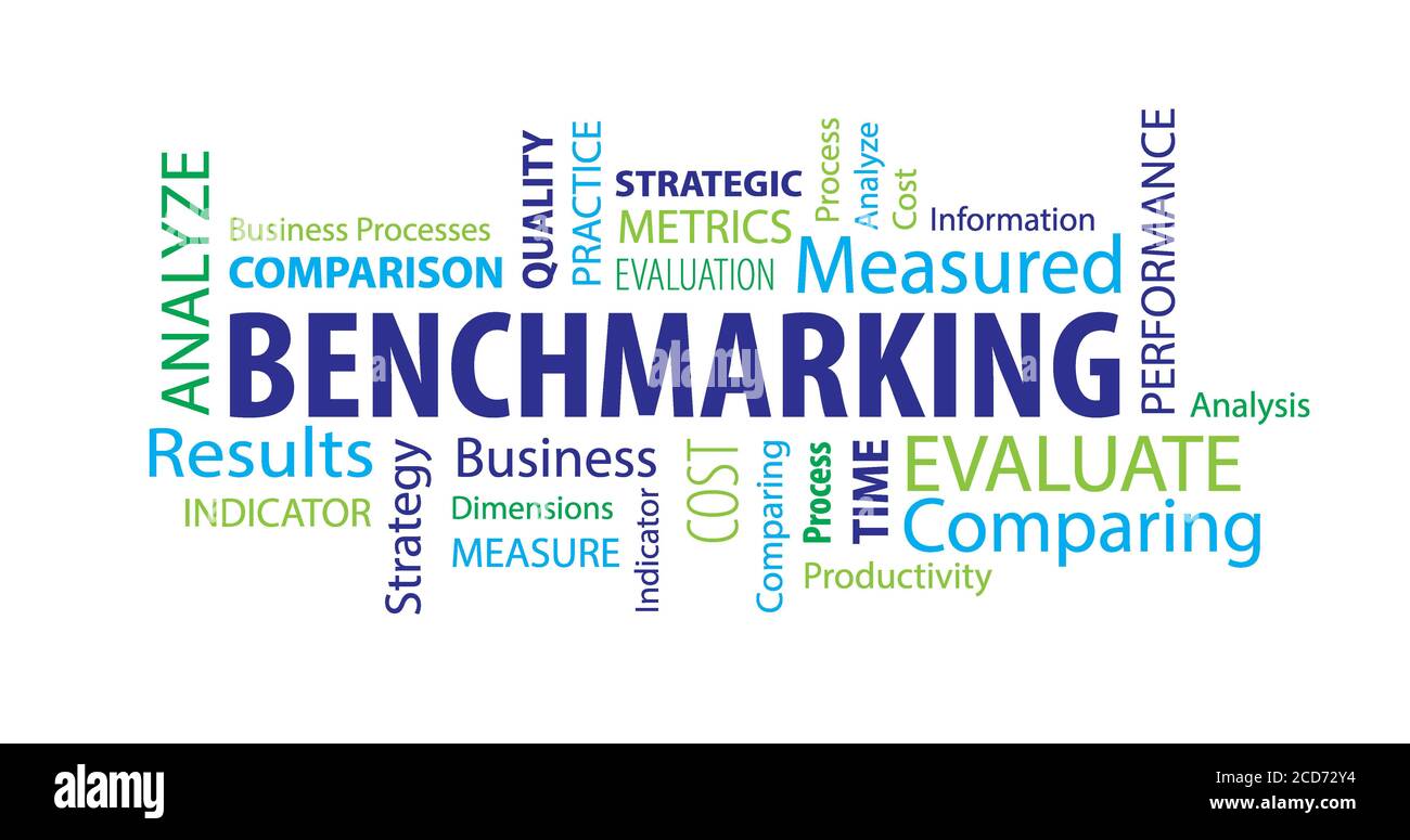Darstellung von Wörtern im Zusammenhang mit Benchmarking in verschiedenen Größen isoliert Auf weißem Hintergrund Stockfoto