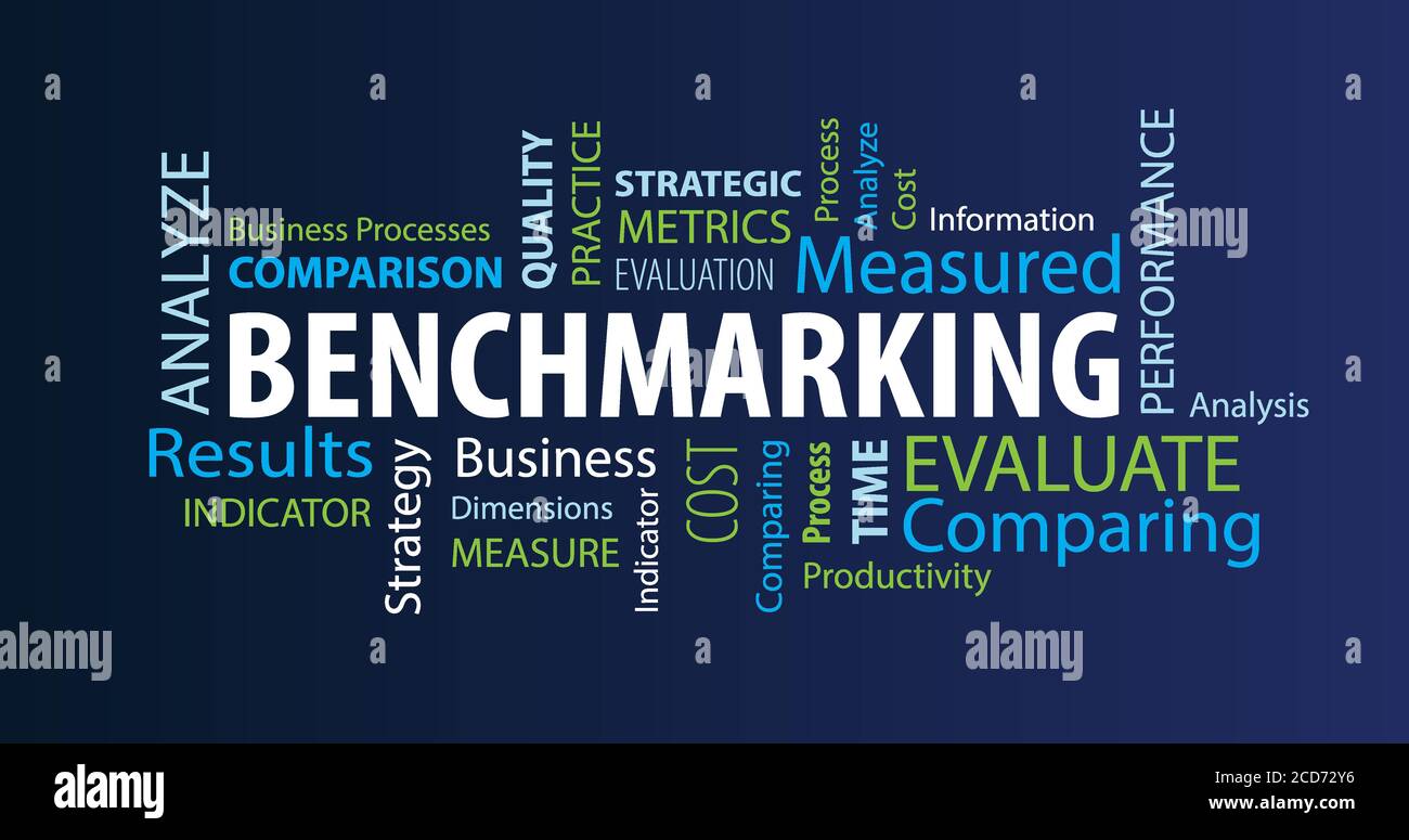 Darstellung von Wörtern im Zusammenhang mit Benchmarking in verschiedenen Größen isoliert Auf blauem Hintergrund Stockfoto