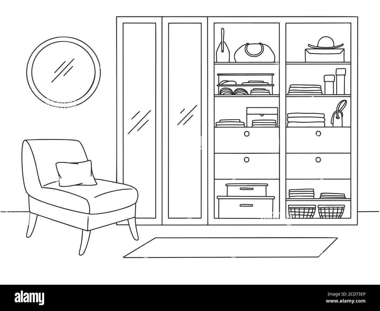 Kleiderschrank mit linearen Skizzen. Kleiderschrank, Sessel und verschiedene Elemente des Innenraums auf weißem Hintergrund. Vektorgrafik Stock Vektor
