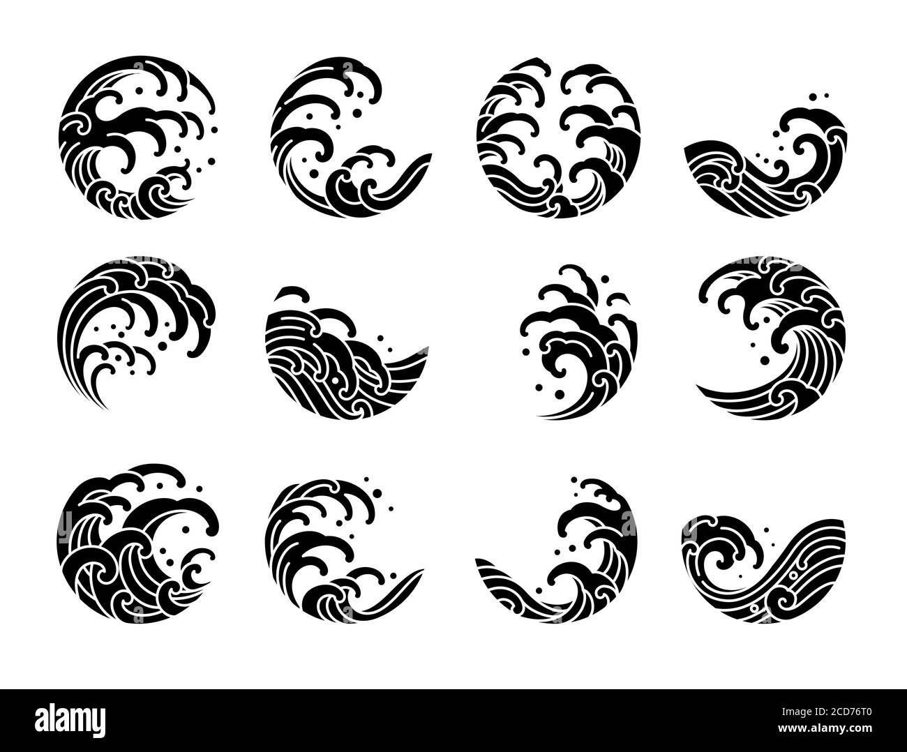Set von japanischen Wasser Welle Tattoo orientalische Silhouette Stil Vektor Illustration. Stock Vektor