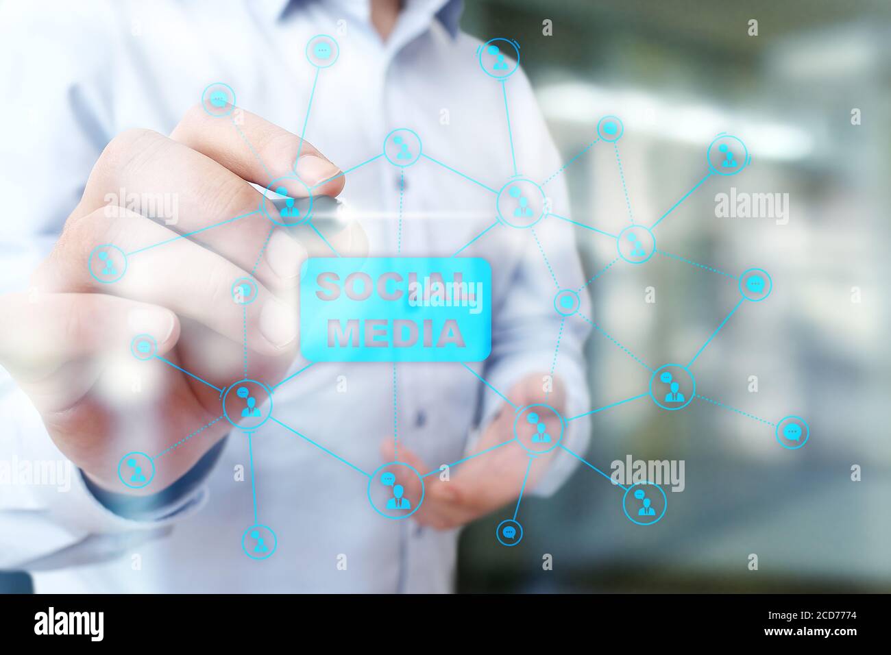 Social media Konzept auf virtuellen Bildschirm. Die globale Kommunikation Netzwerk Stockfoto