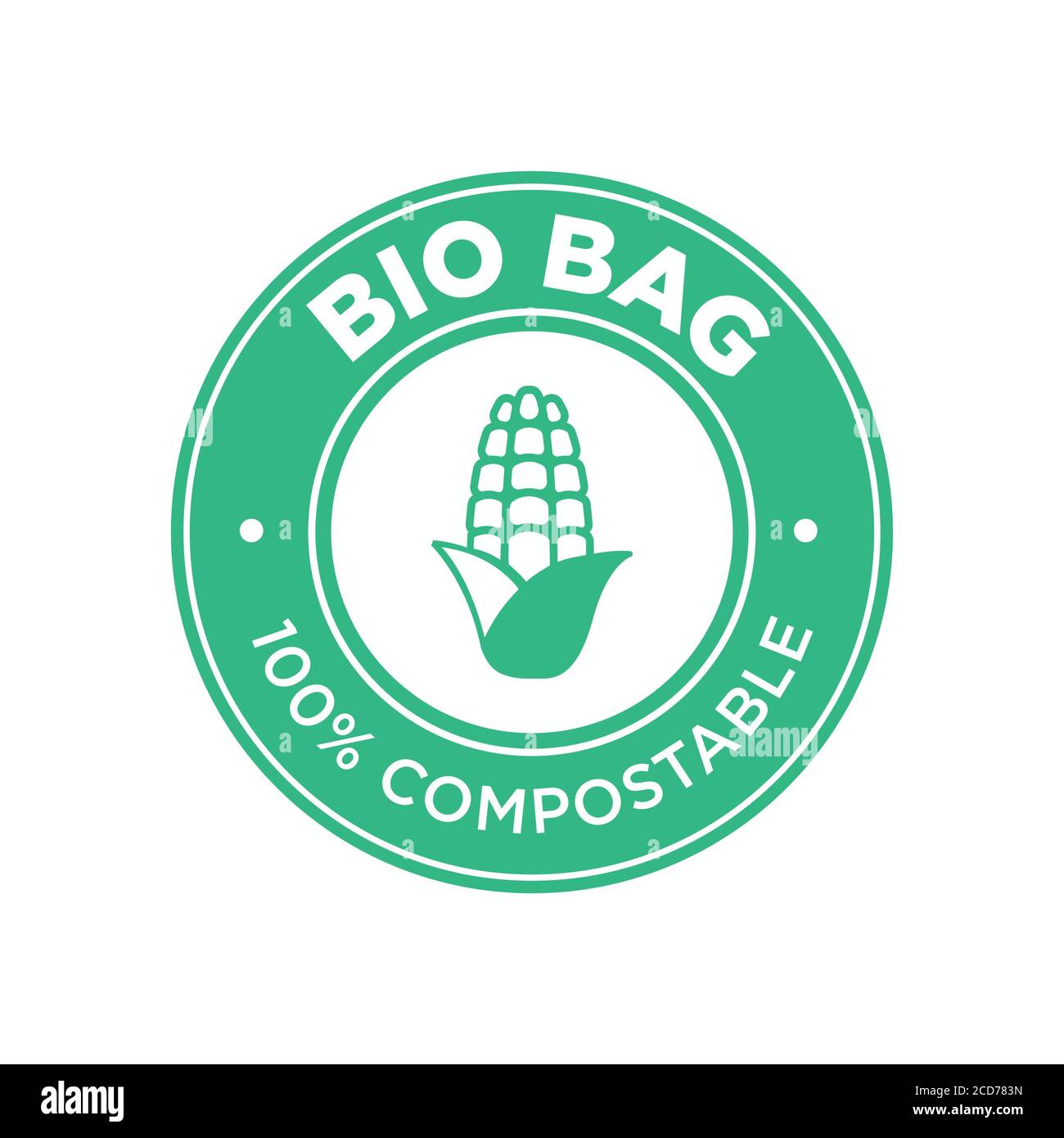 Bio Bag 100% kompostierbar aus Mais. Rundes und grünes Symbol. Stock Vektor