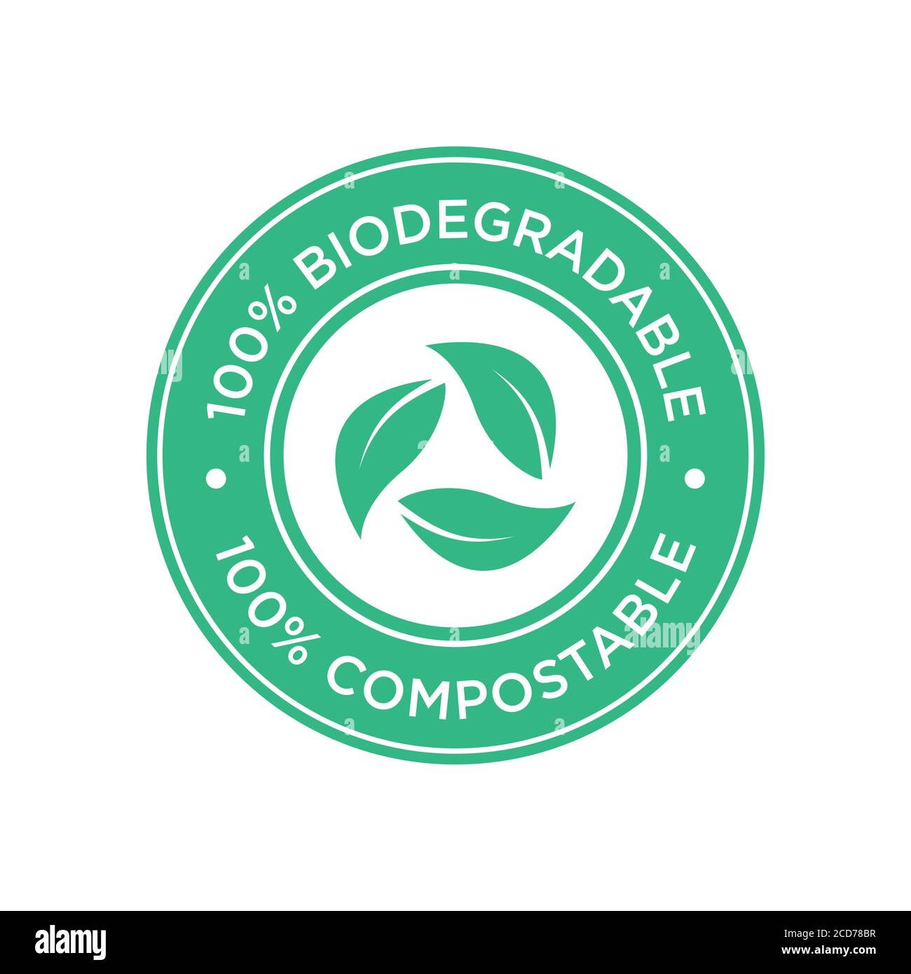 100% biologisch abbaubar und kompostierbar Icon. Rundes und grünes Symbol. Stock Vektor