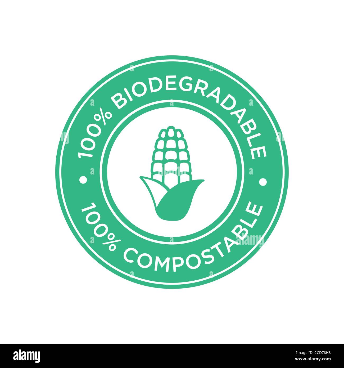 100% biologisch abbaubar und kompostierbar Icon. Biokunststoff aus Mais. Rundes und grünes Symbol. Stock Vektor
