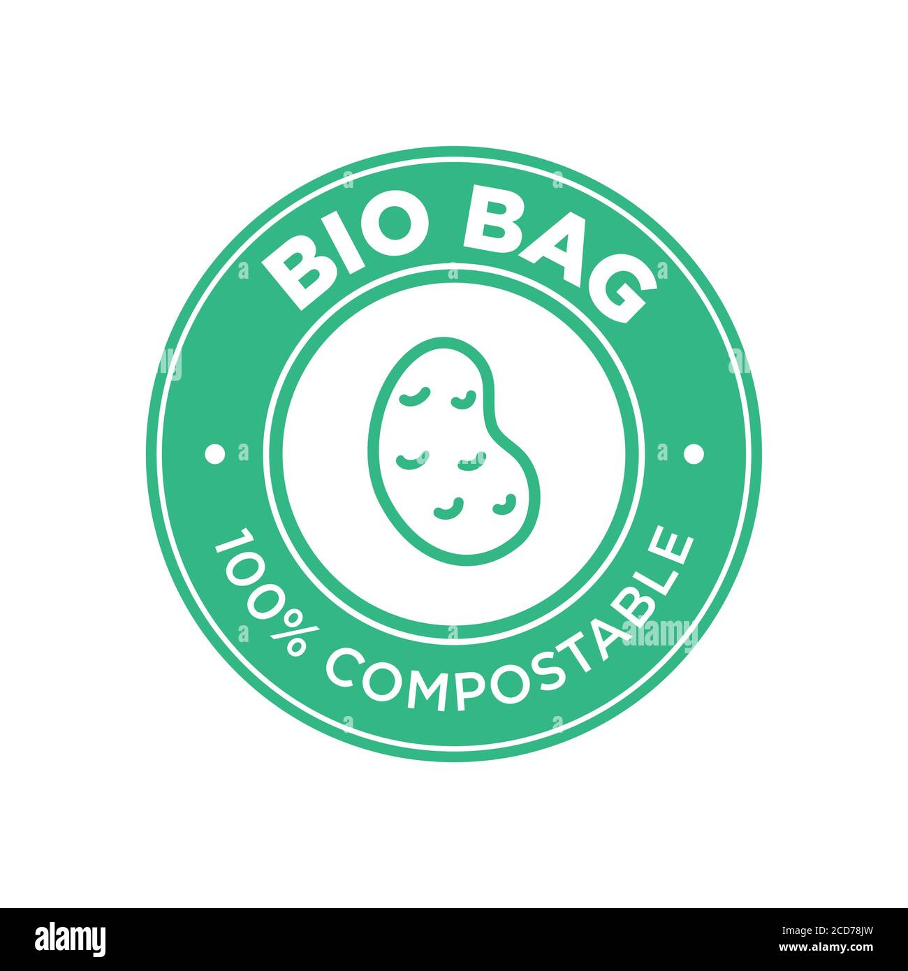 Bio-Beutel 100% kompostierbar aus Kartoffeln. Rundes und grünes Symbol. Stock Vektor