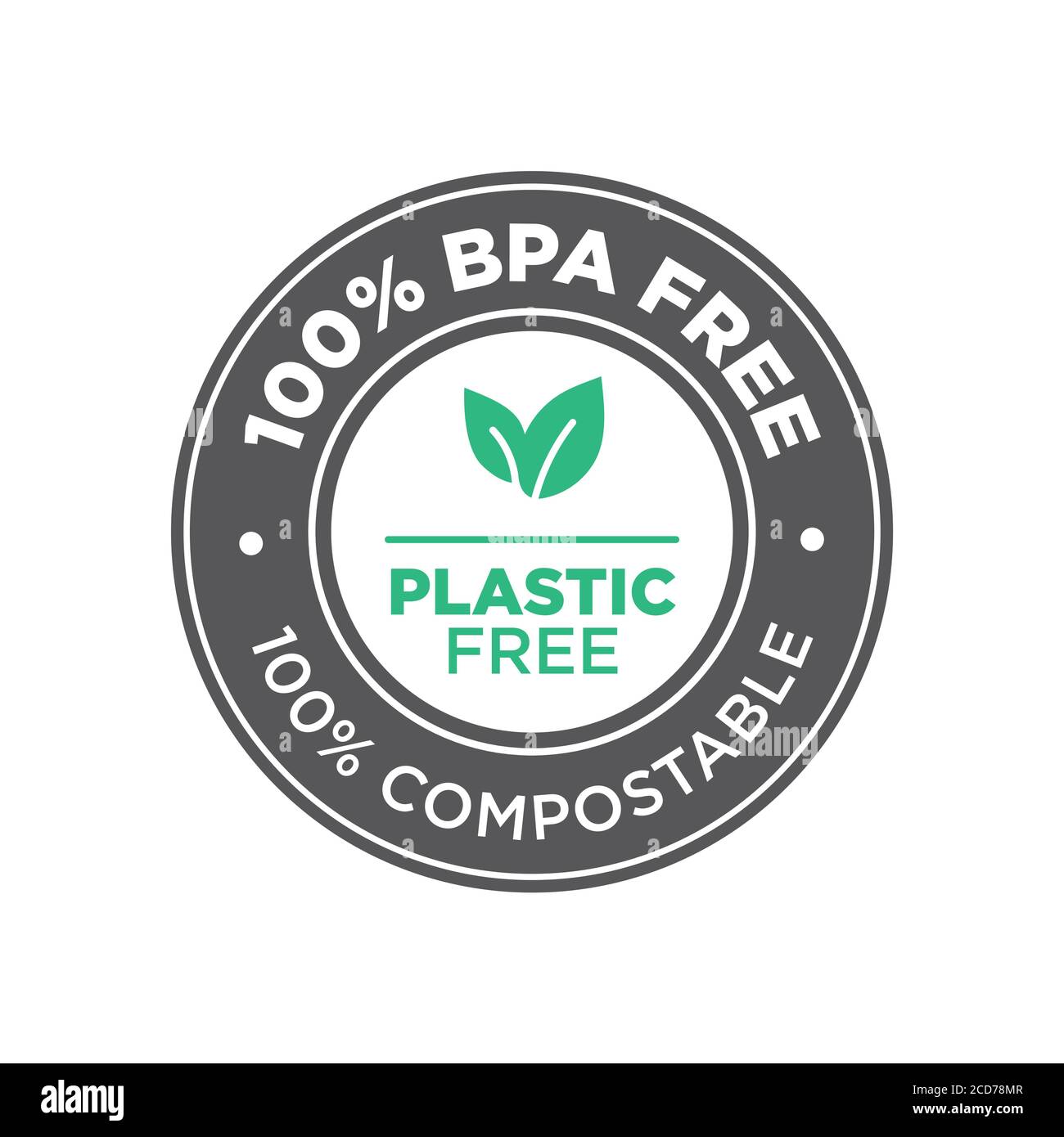 100 % BPA-frei. Kunststoff frei. 100 % kompostierbares Symbol. Rundes grünes und schwarzes Symbol. Stock Vektor