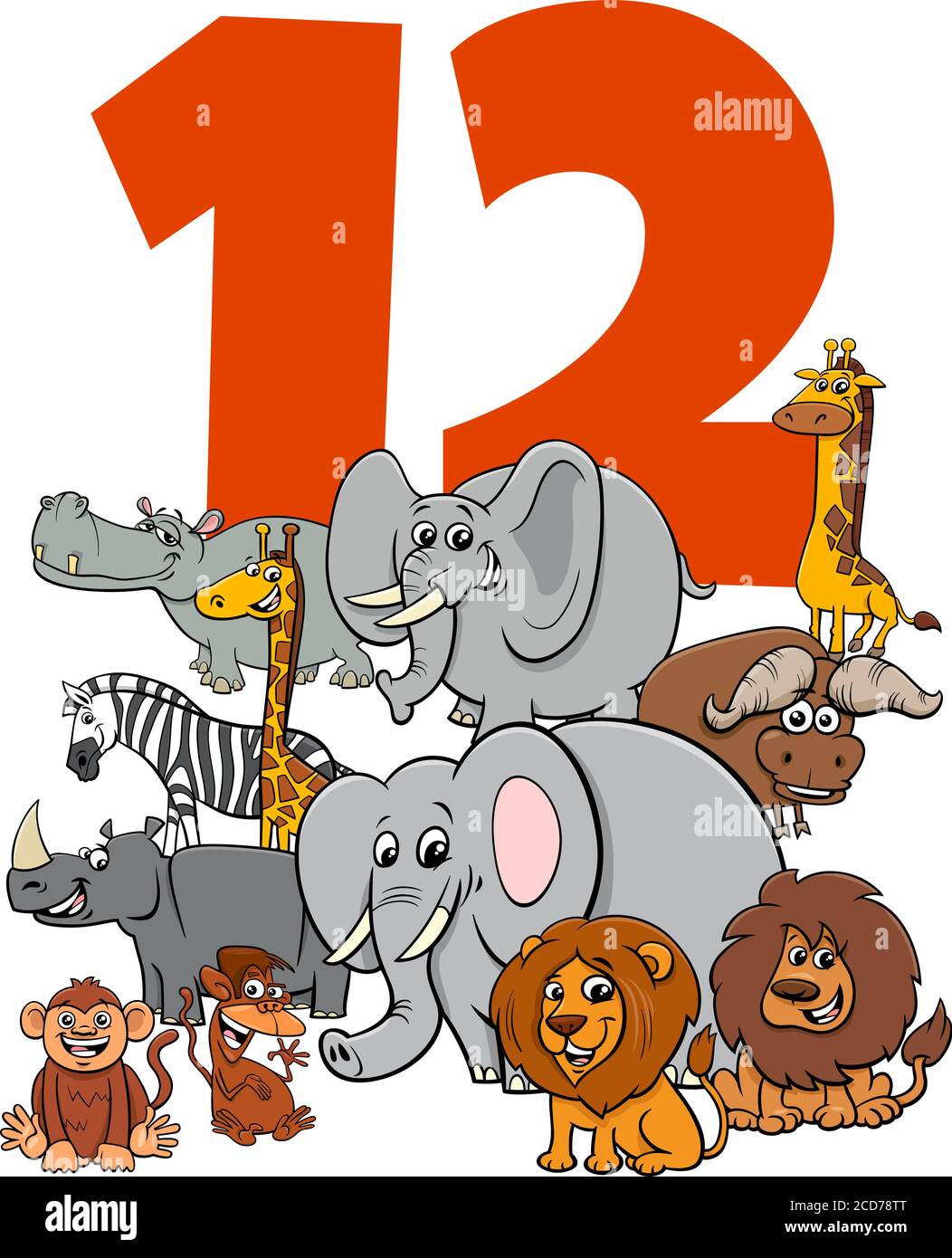 Cartoon Illustration der Zahl zwölf für Kinder mit lustigen Tier Zeichengruppe Stock Vektor