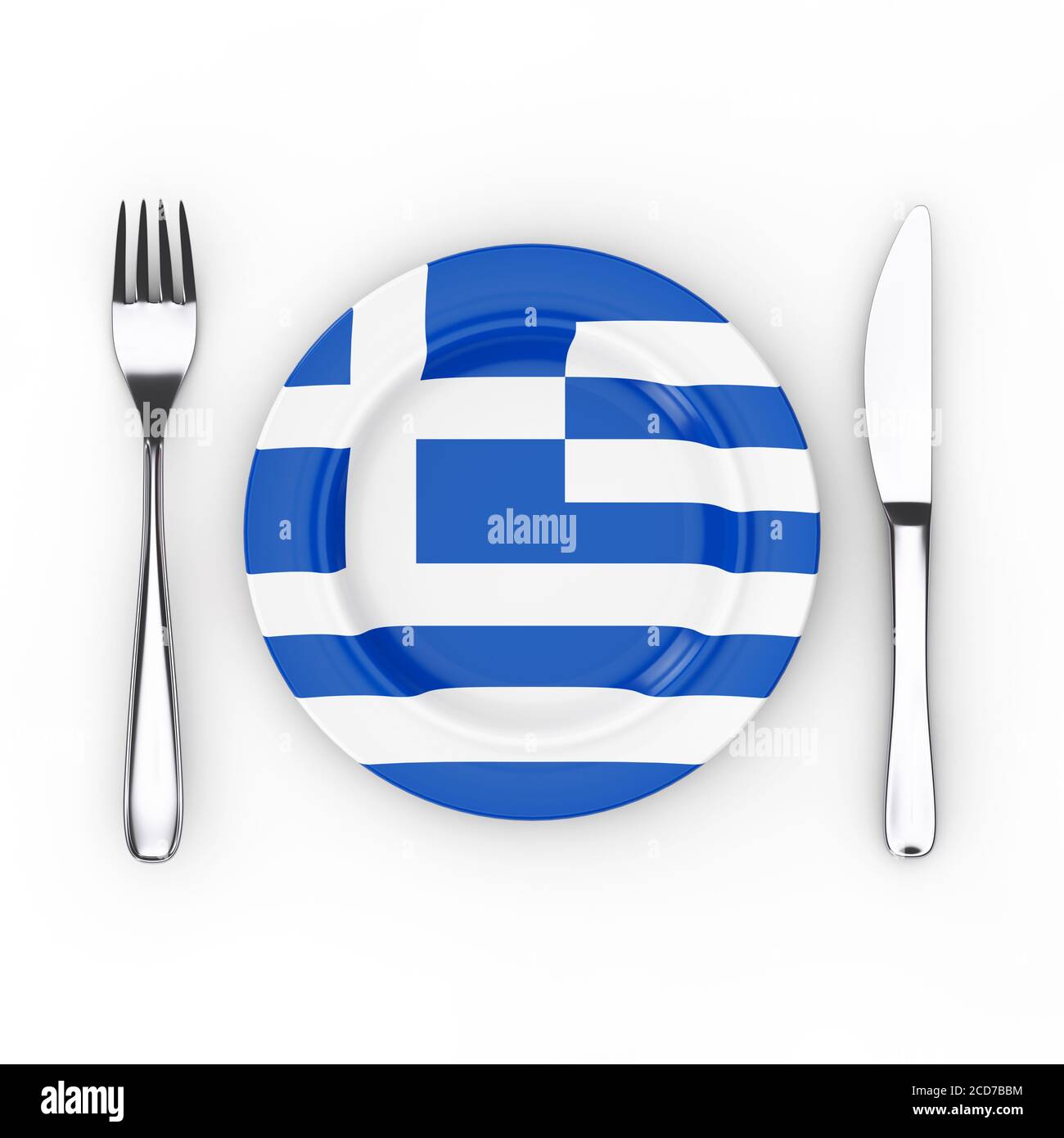Griechisches Essen oder Kochkonzept. Gabel, Messer und Teller mit Griechenland Flagge auf weißem Hintergrund. 3d-Rendering Stockfoto