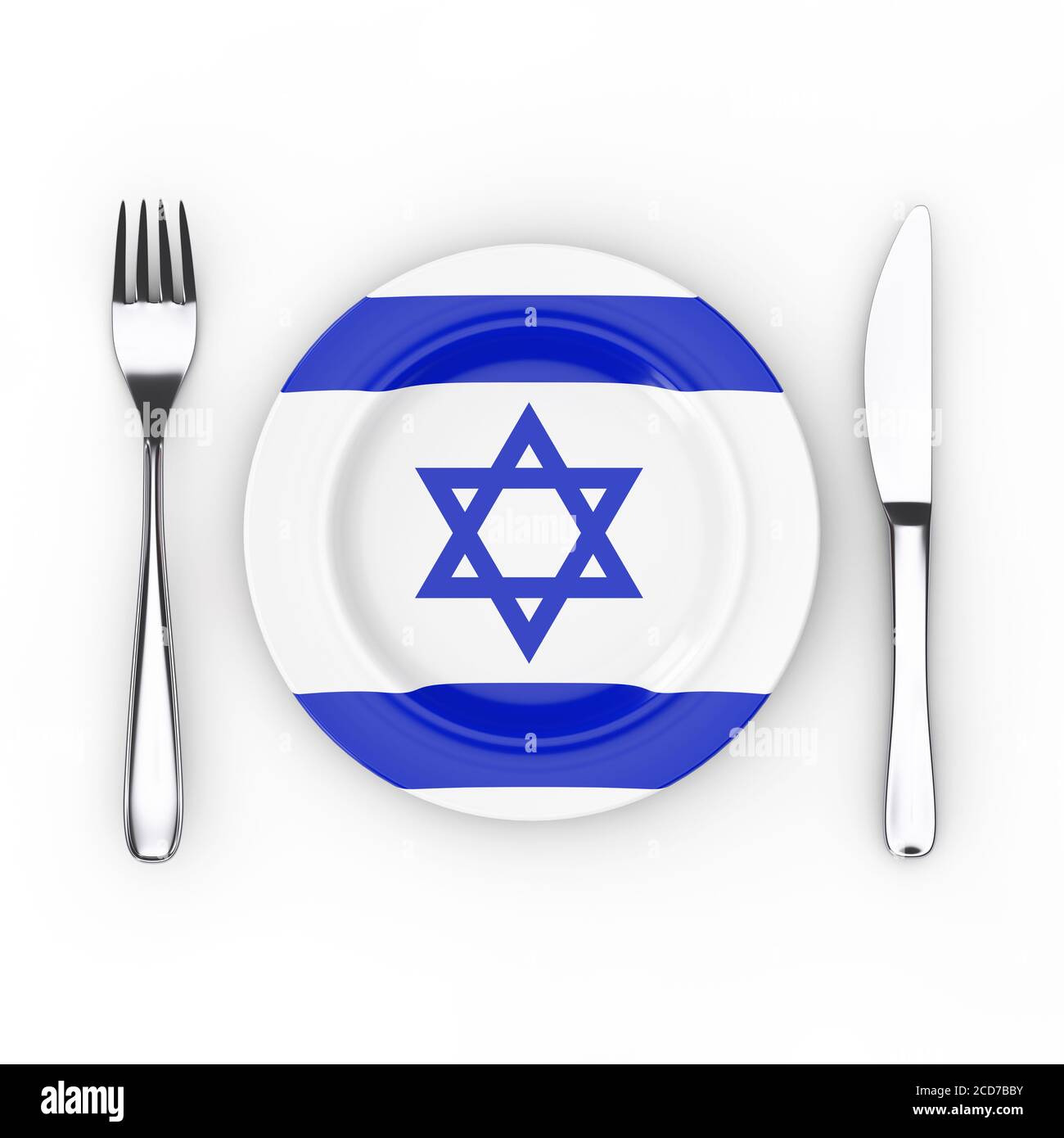 Israelisches Essen oder Küche Konzept. Gabel, Messer und Teller mit Israel Flagge auf weißem Hintergrund. 3d-Rendering Stockfoto