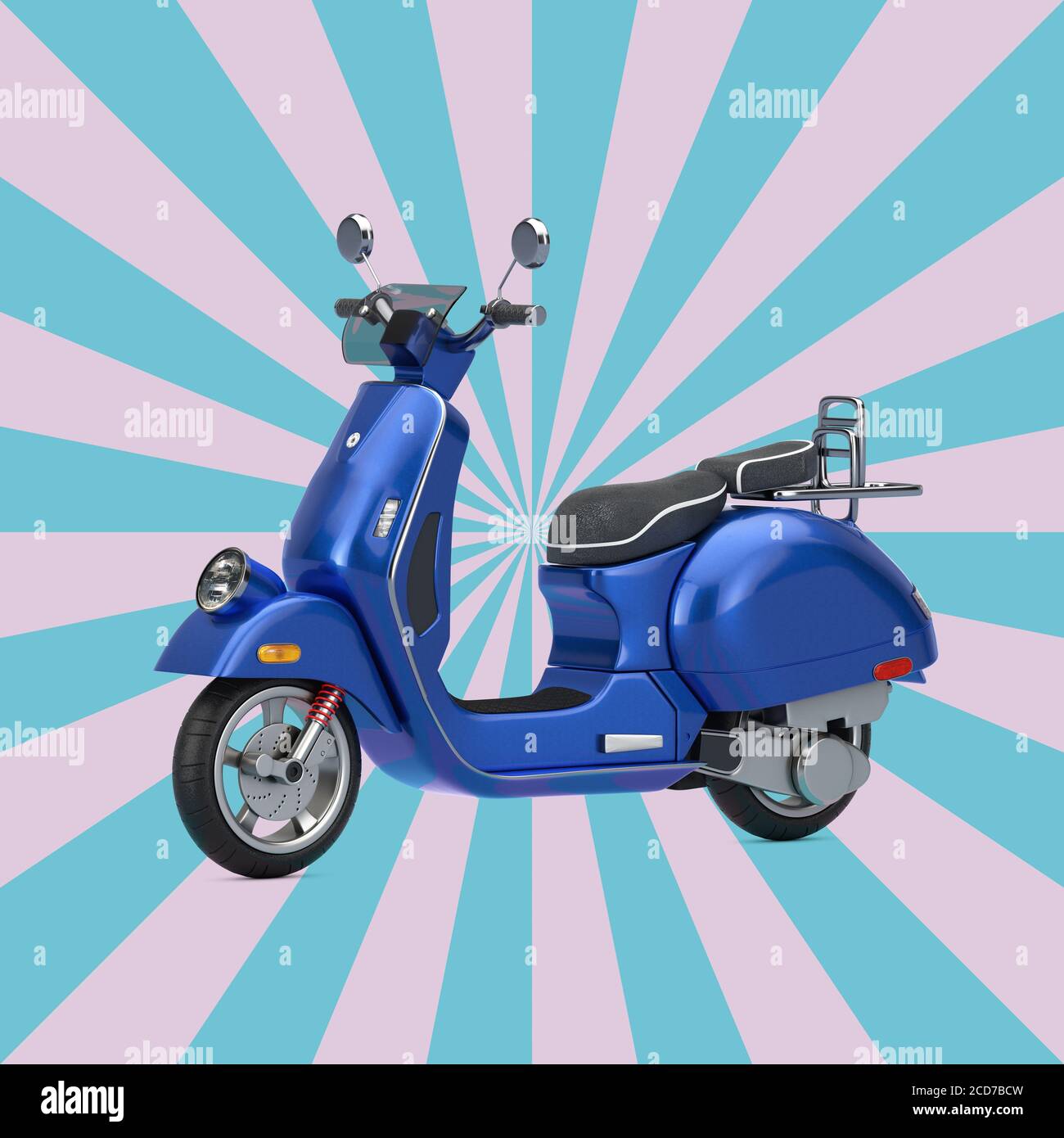 Blue Classic Vintage Retro oder Elektroroller auf einem Vintage Star Shape Pink und Blue Hintergrund. 3d-Rendering Stockfoto
