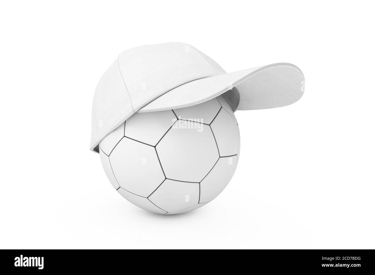 Weißer Fußball-Fußball-Ball aus Leder mit weißer Mode-Baseball-Kappe auf weißem Hintergrund. 3d-Rendering Stockfoto