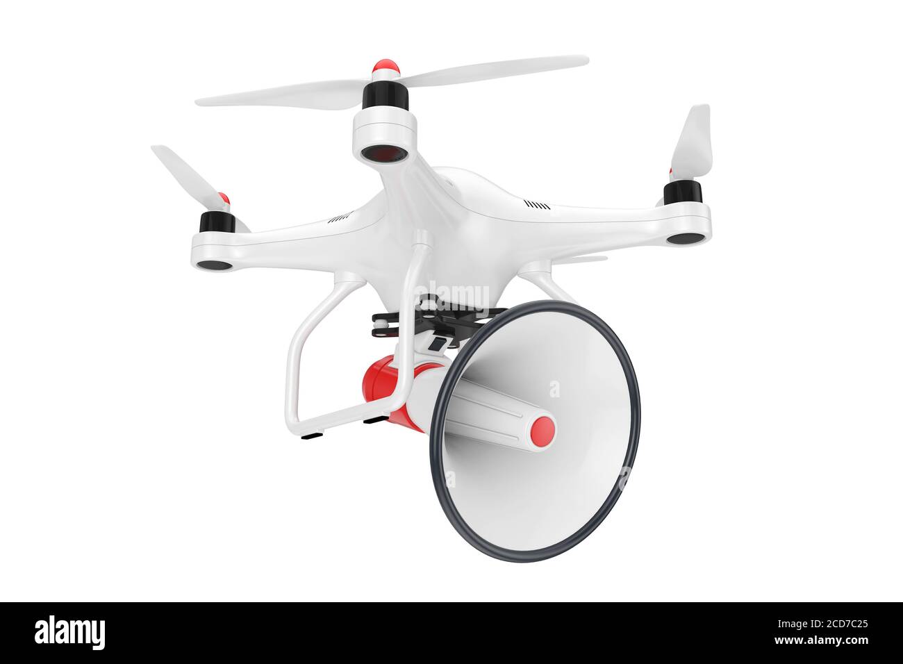 Drohne mit Bullhorn Megaphon auf weißem Hintergrund. 3d-Rendering Stockfoto
