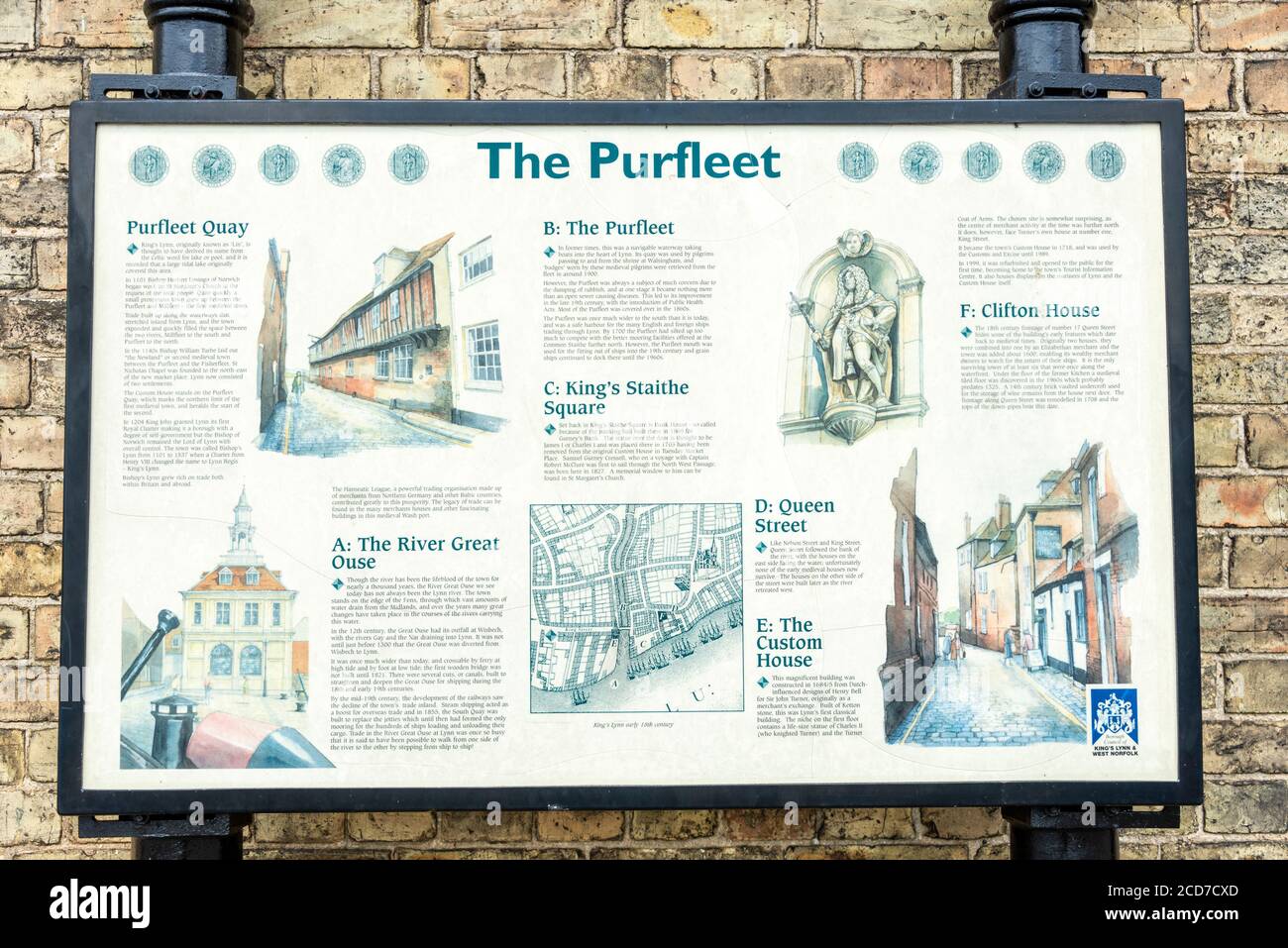 Die lokale Informationstafel des Purfleet-Besuchers in der Nähe des pur Fleet River im historischen Viertel von King's Lynn, Norfolk, Großbritannien Stockfoto
