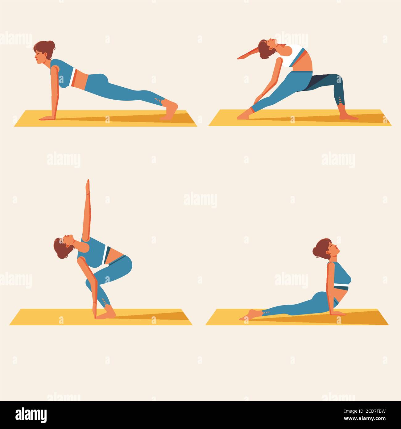 Set von verschiedenen Yoga-Posen. Weiblicher isolierter Hintergrund Stock Vektor