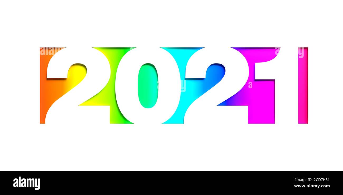 Happy New Year 2021 Konzept: Die Zahl 2021 aus einem Papier mit einem darunter liegenden Regenbogen Hintergrund geschnitten. Isoliert auf Weiß. Stockfoto