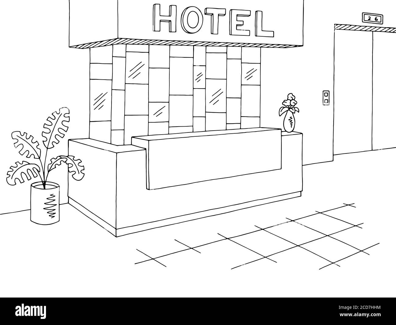 Rezeption Lobby Innengrafik schwarz weiß Skizze Illustration Vektor Stock Vektor