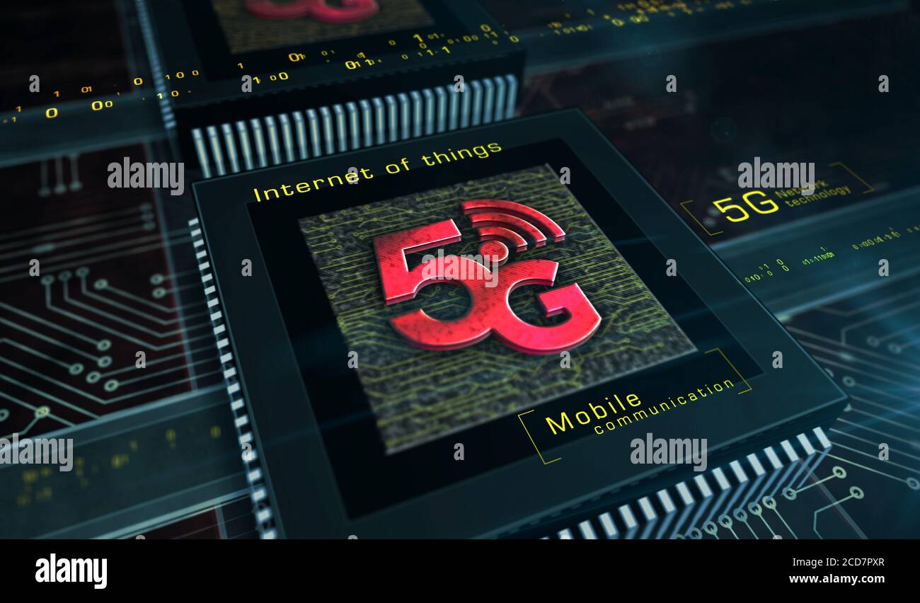 5G mobile Kommunikationstechnologie und Internet der Dinge Metall-Symbole. Abstraktes Konzept 3d Rendering Illustration. Stockfoto