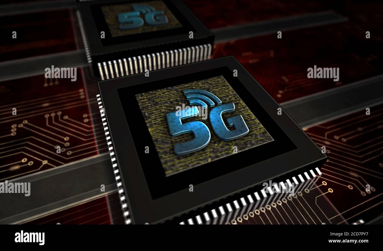 5G mobile Kommunikationstechnologie und Internet der Dinge Metall-Symbole. Abstraktes Konzept 3d Rendering Illustration. Stockfoto