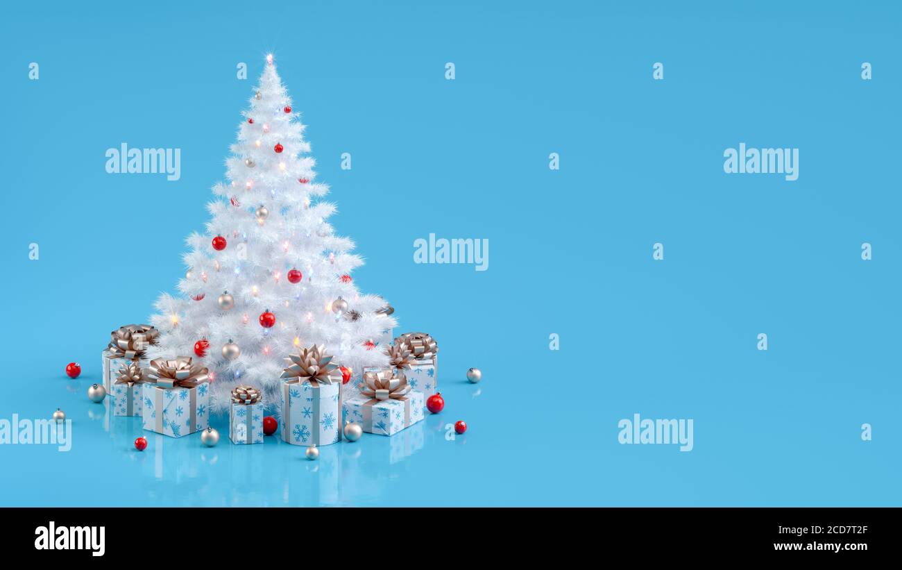 Weiß geschmückter Weihnachtsbaum mit funkelnden beleuchteten Weihnachtslichtern und Geschenkschachteln. Weihnachtliche Illustration mit Kopierplatz. 3D-Rendering. Stockfoto
